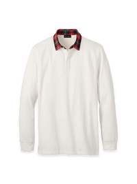 Cotton Jersey Three Button Polo With Red Plaid Collar - White Multi