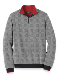 Cotton Quarter Zip Mock Neck Sweater - Black/white Glen Plaid