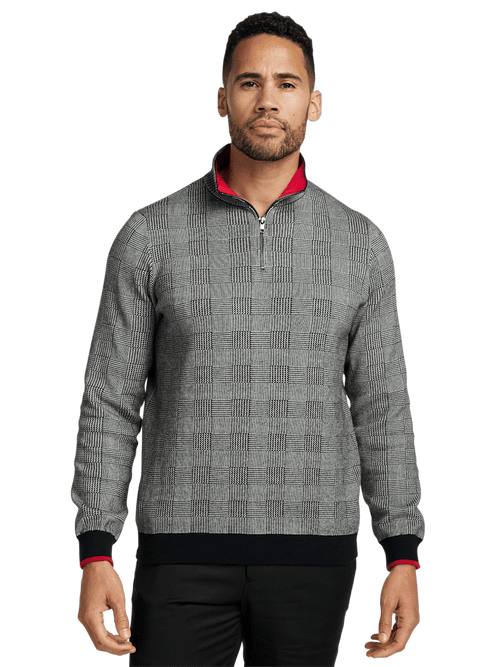 Cotton Quarter Zip Mock Neck Sweater Black white Glen Plaid Paul Fredrick