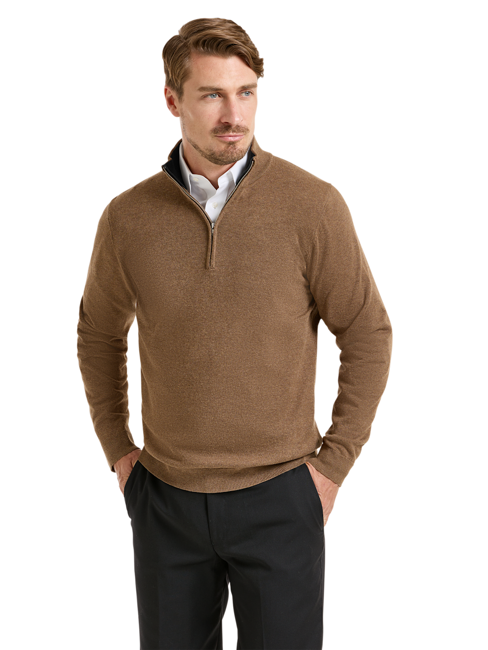 Alternate Shot of Men's Brown Solid Knitwear  - 1#Alternate Image of Supima Cotton Quarter Zip Mock Neck Sweater-1