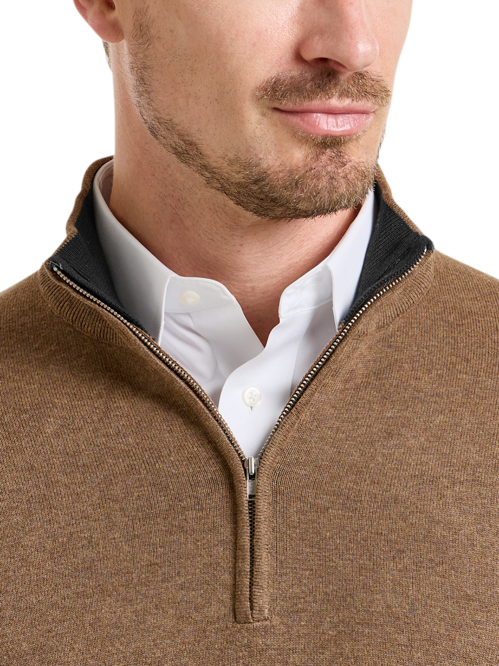 Alternate Shot of Men's Brown Solid Knitwear  - 2#Alternate Image of Supima Cotton Quarter Zip Mock Neck Sweater-2
