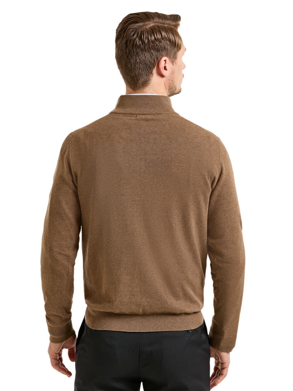 Alternate Shot of Men's Brown Solid Knitwear  - 3#Alternate Image of Supima Cotton Quarter Zip Mock Neck Sweater-3