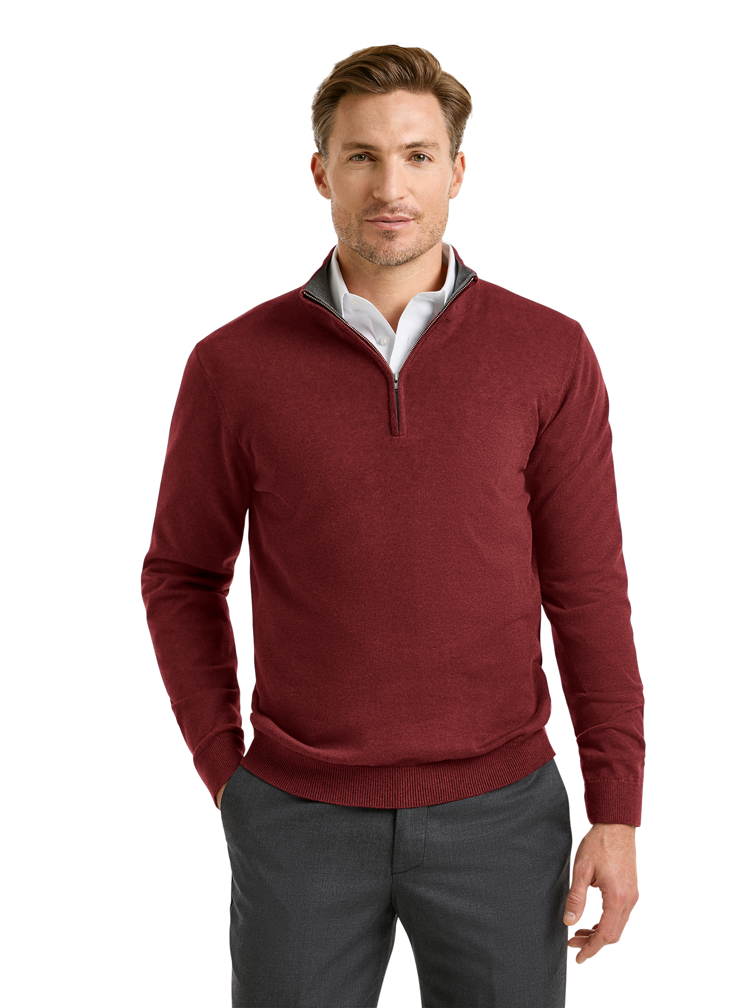 Supima Cotton Quarter Zip Mock Neck Sweater - Burgundy