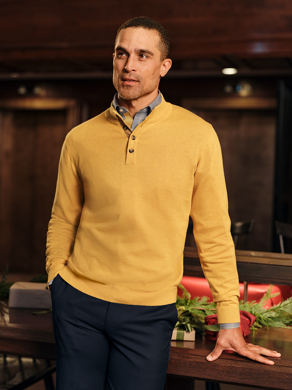 Supima Cotton Four Button Mock Neck Sweater - Mustard – Paul Fredrick