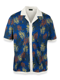 Linen Blend Button Front Camp Collar - Blue Multi
