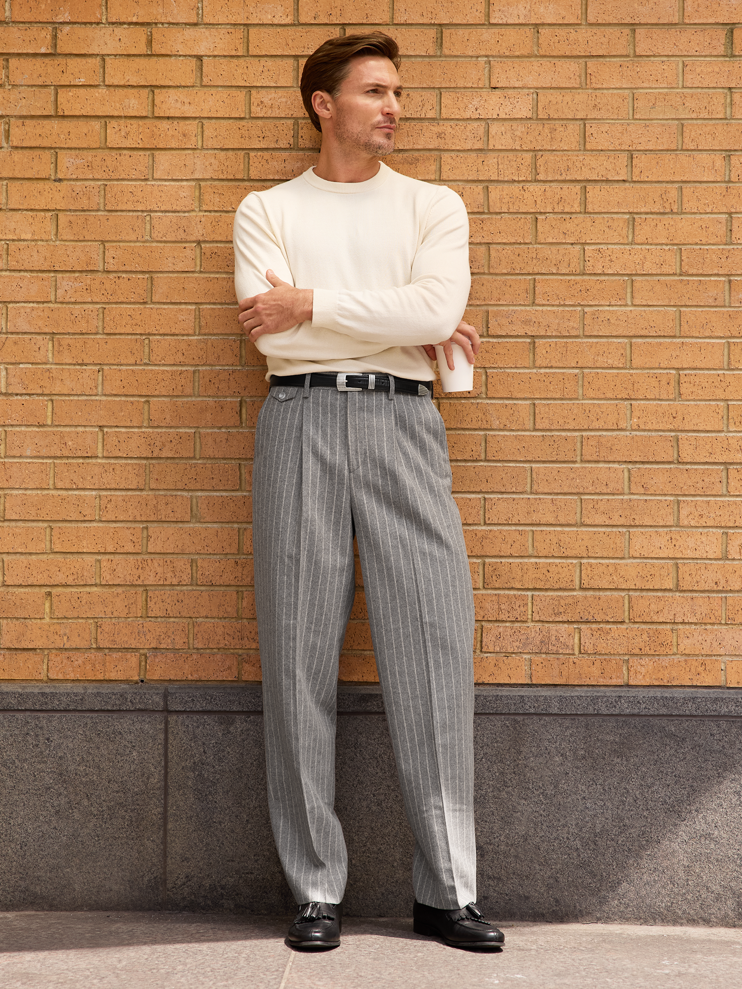 Stripe Single Pleat Wide Leg Trouser - Grey