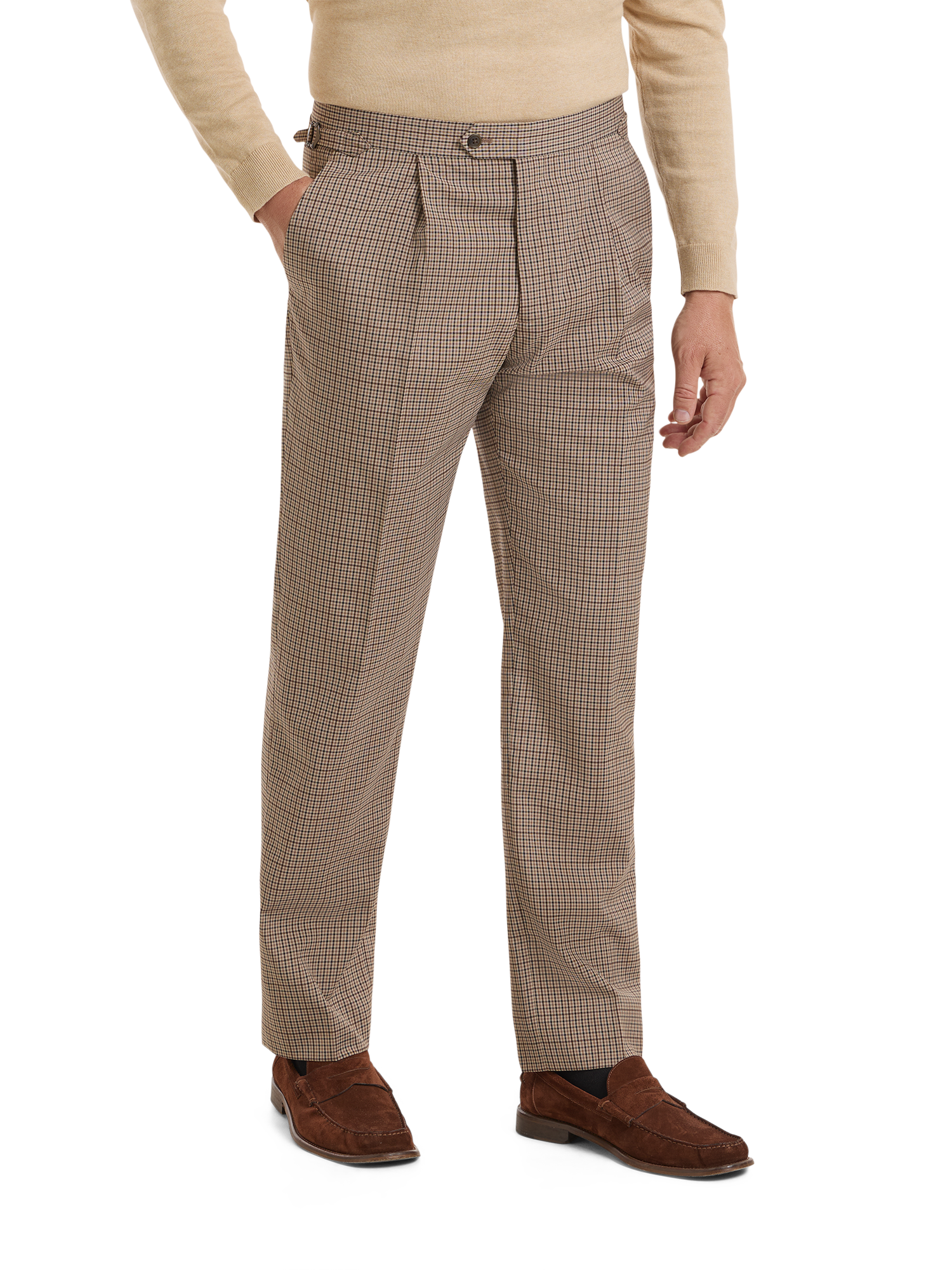 Plaid Single Pleat Side Tab Pant - Brown Multi
