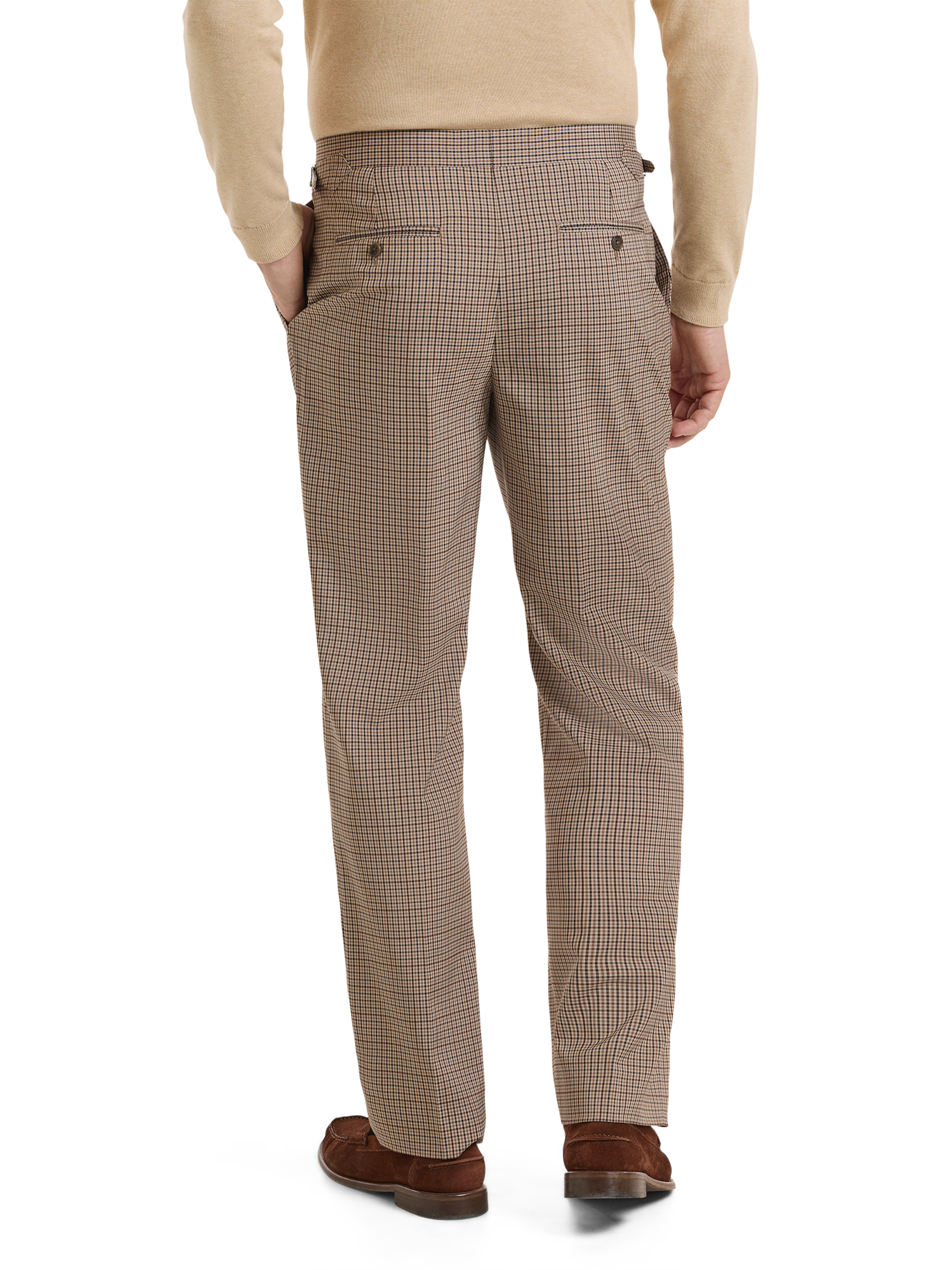 Plaid Single Pleat Side Tab Pant - Brown Multi