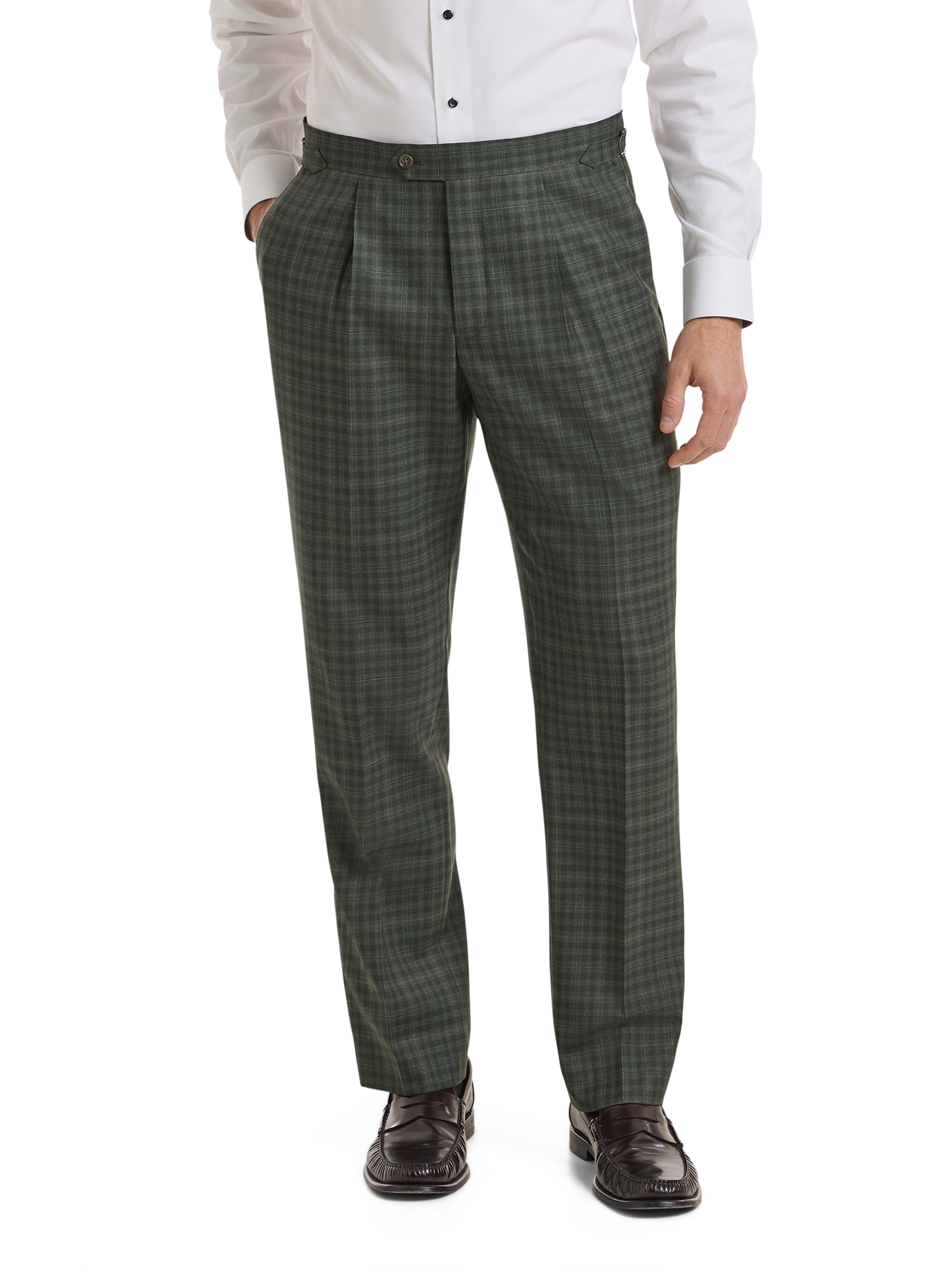 Wool Plaid Single Pleat Side Tab Pant - Green