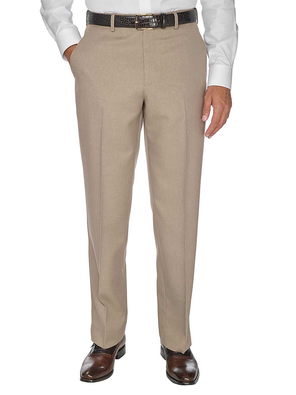 Product Image of Comfort-waist Microfiber Herringbone Flat Front Pant-Tan