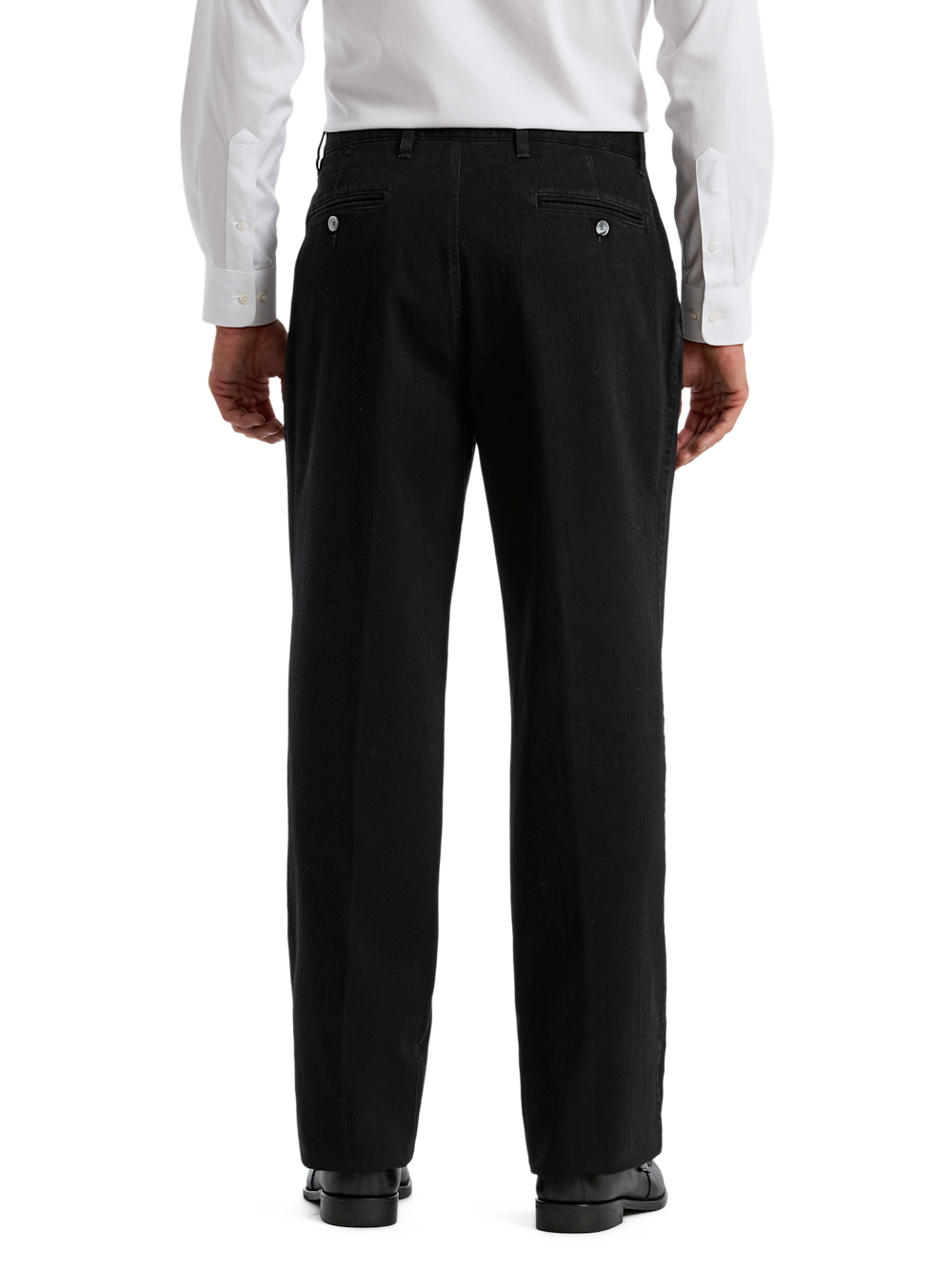 Alternate Shot of Men's Black Solid Bottoms  - 4#["Pleat Front Denim Pants", "model_pleated front flat front"]