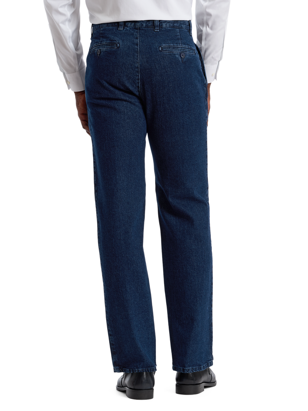 Alternate Shot of Men's Blue Solid Bottoms  - 3#["Pleat Front Denim Pants", "model_flat front pleated front"]