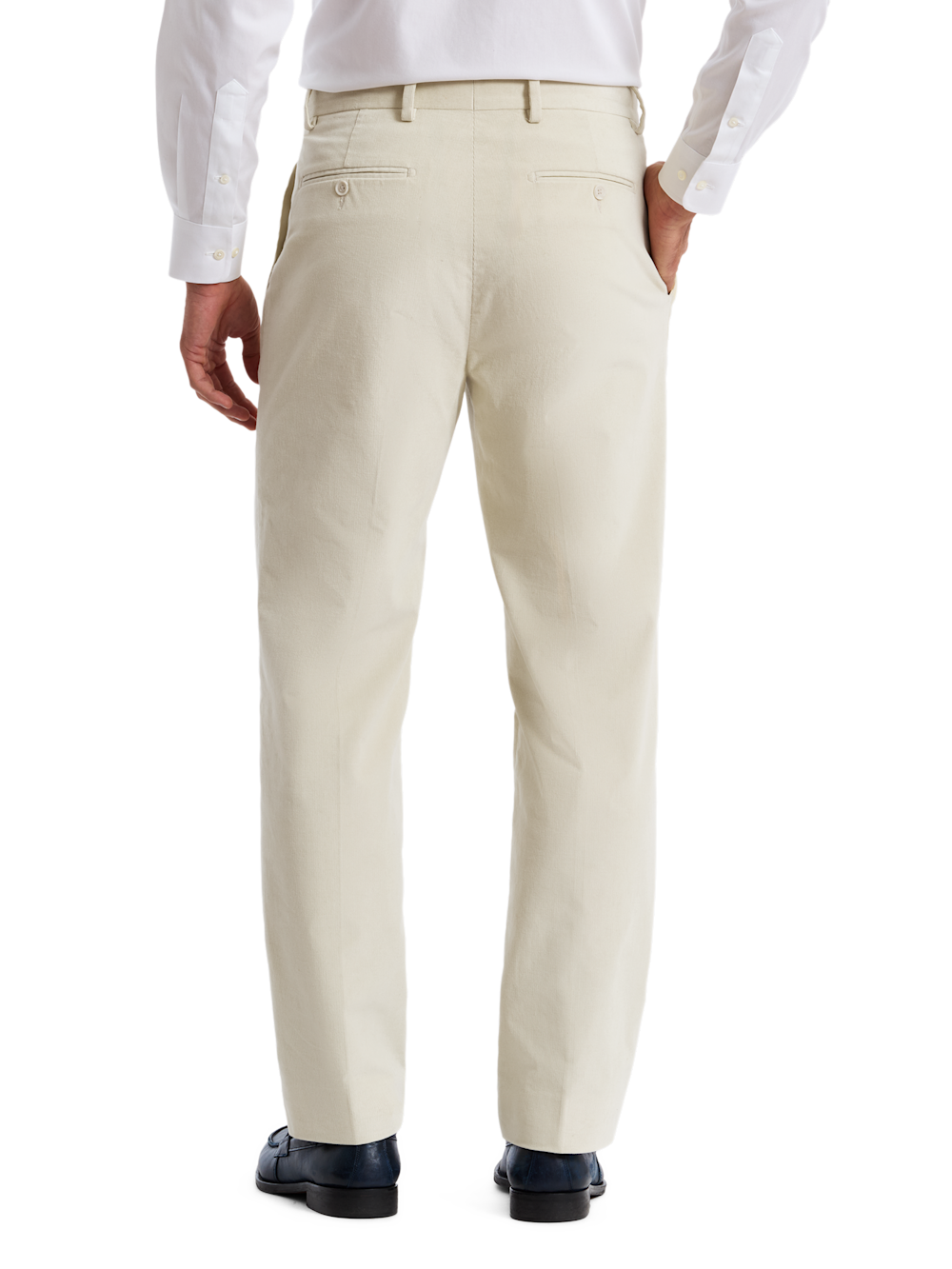 Alternate Shot of Men's Winter White Solid Bottoms  - 2#["Cotton Stretch Corduroy Pleated Pants", "model_pleated front"]