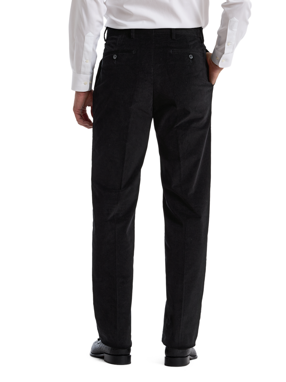 Alternate Shot of Men's Black Solid Bottoms  - 2#["Cotton Stretch Corduroy Pleated Pants", "model_pleated front"]