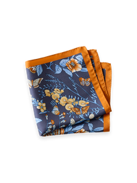 Floral Silk Pocket Square - Navy/orange