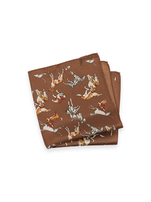 Dog Motif Silk Pocket Square - Brown Multi