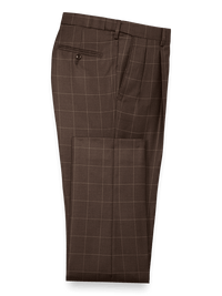 Classic Fit Essential Wool Pleated Suit Pants - Brown Windowpane