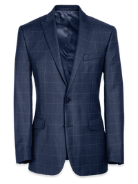 Tailored Fit Essential Wool Peak Lapel Suit Jacket - Navy Windowpane