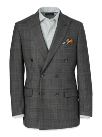 Wool Plaid Double Breasted Peak Lapel Suit Jacket - Charcoal