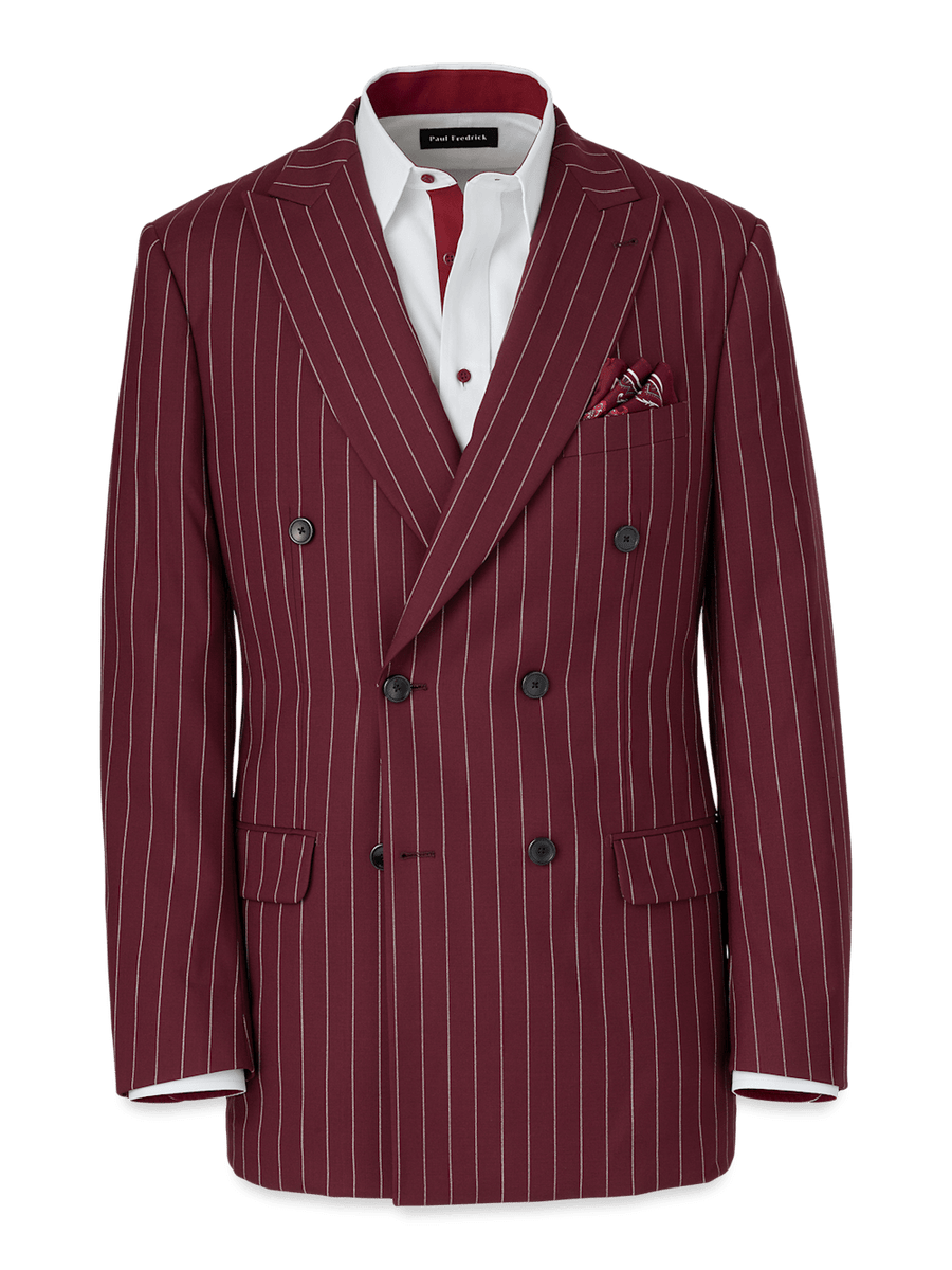 Wool Stretch Stripe Double Breasted Suit Jacket - Burgundy - 38 Short