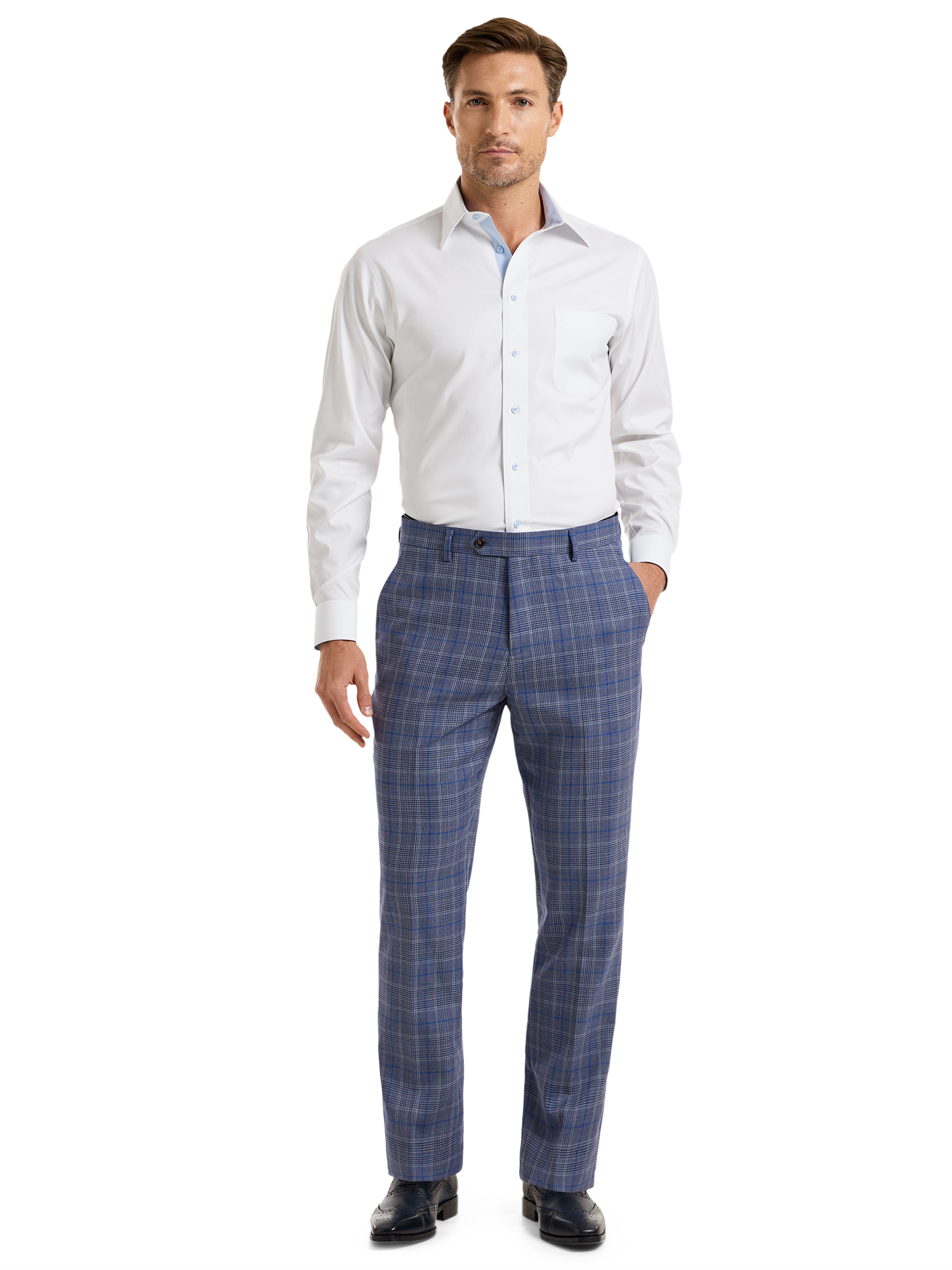 Plaid Wool Blend Flat Front Suit Pants - Blue
