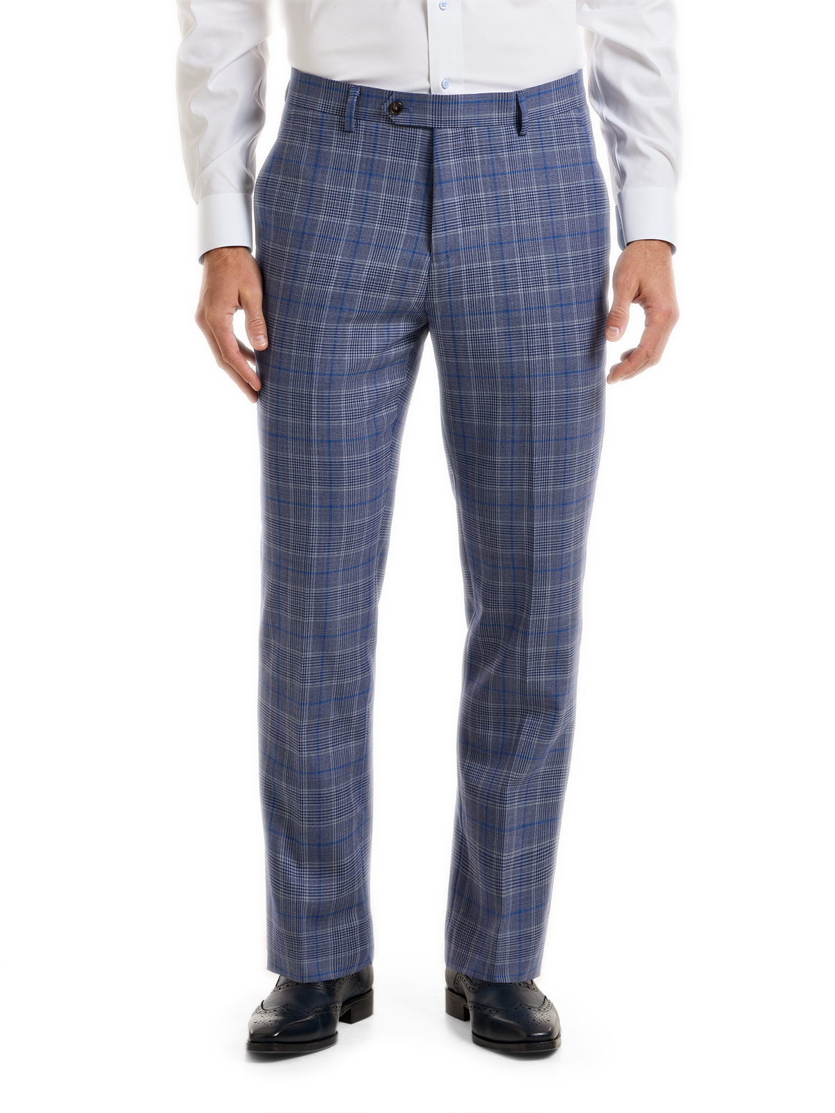 Plaid Wool Blend Flat Front Suit Pants - Blue