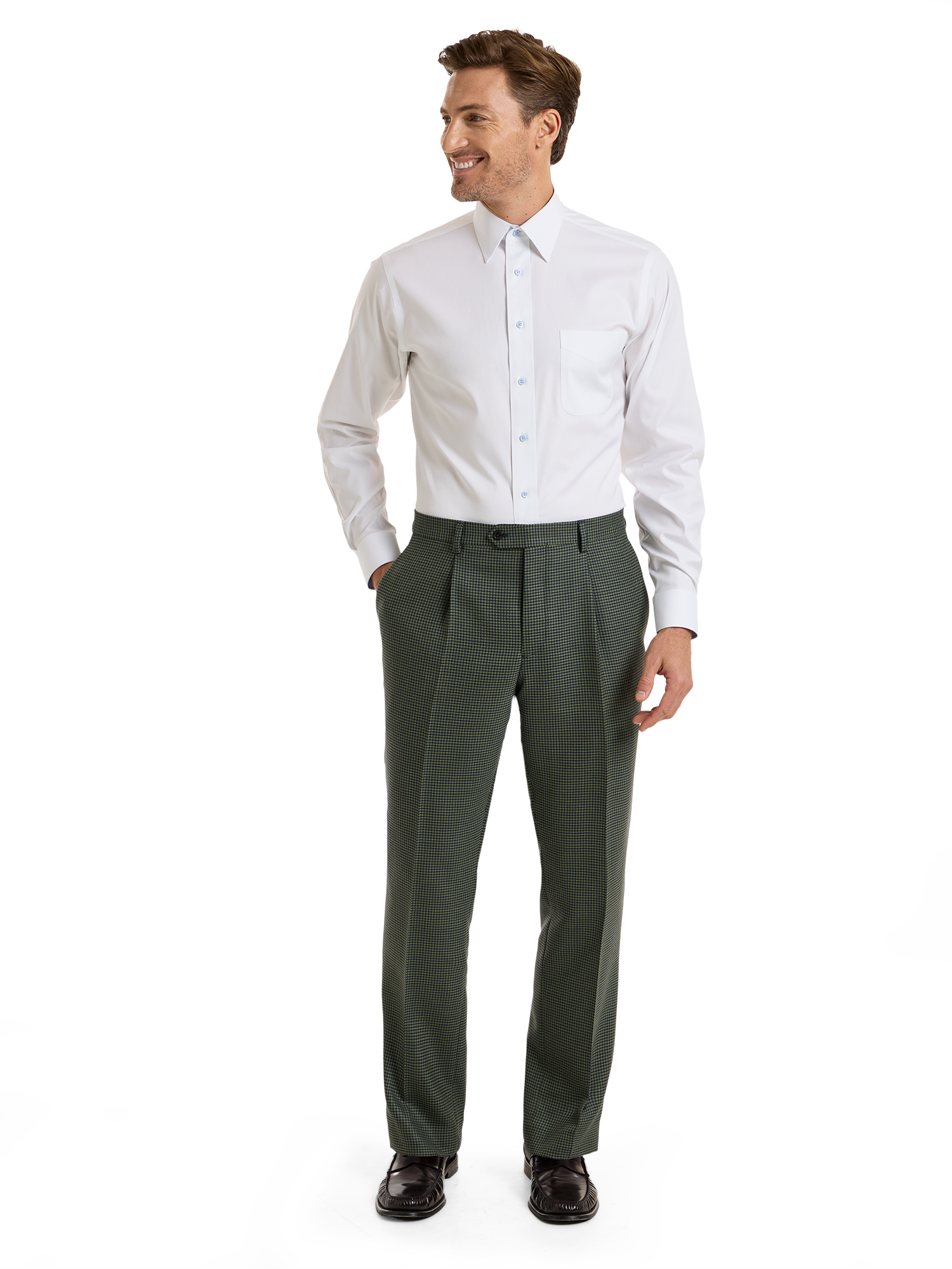 Houndstooth Wool Single Pleat Suit Pants - Green/navy