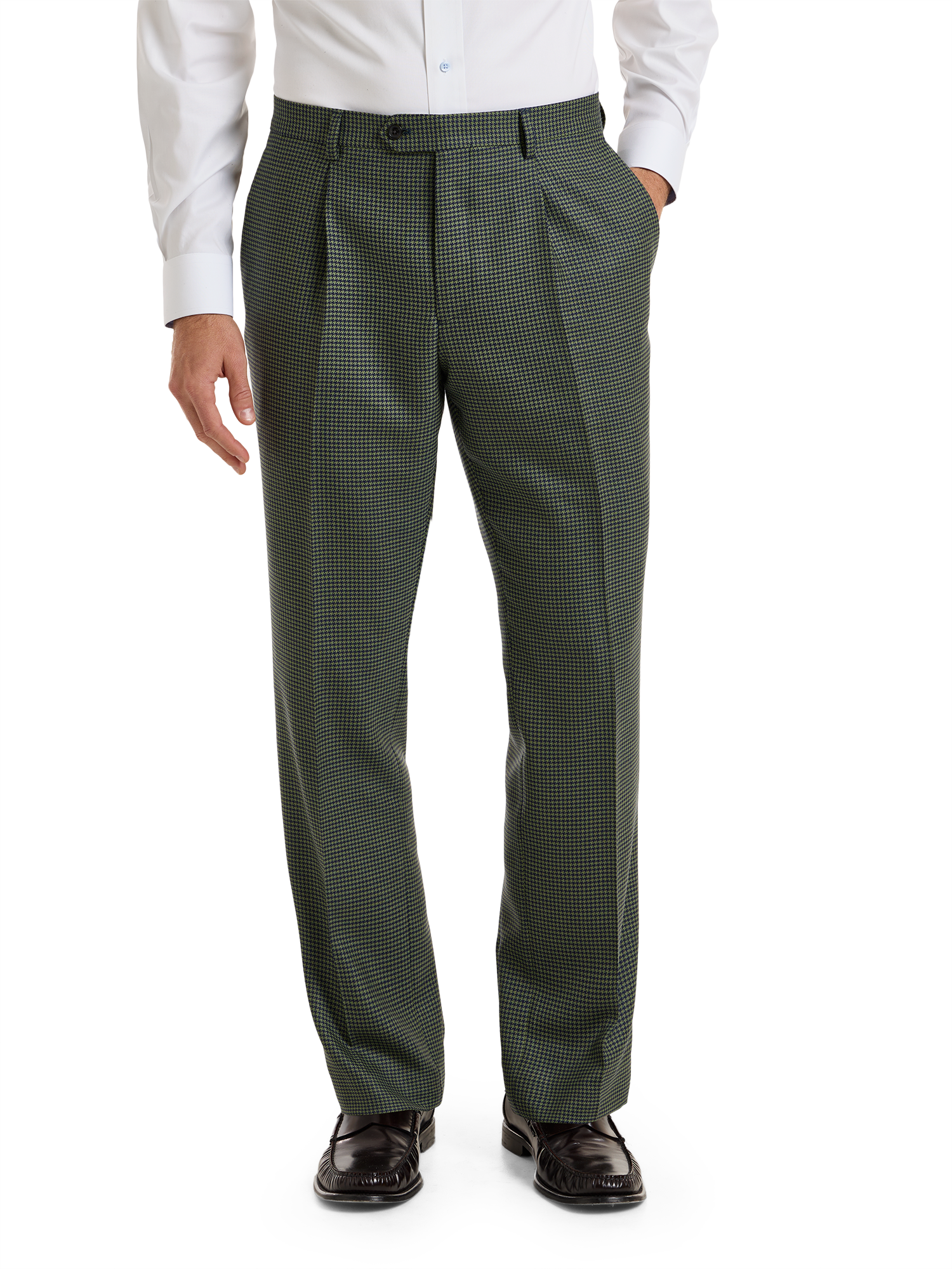 Houndstooth Wool Single Pleat Suit Pants - Green/navy