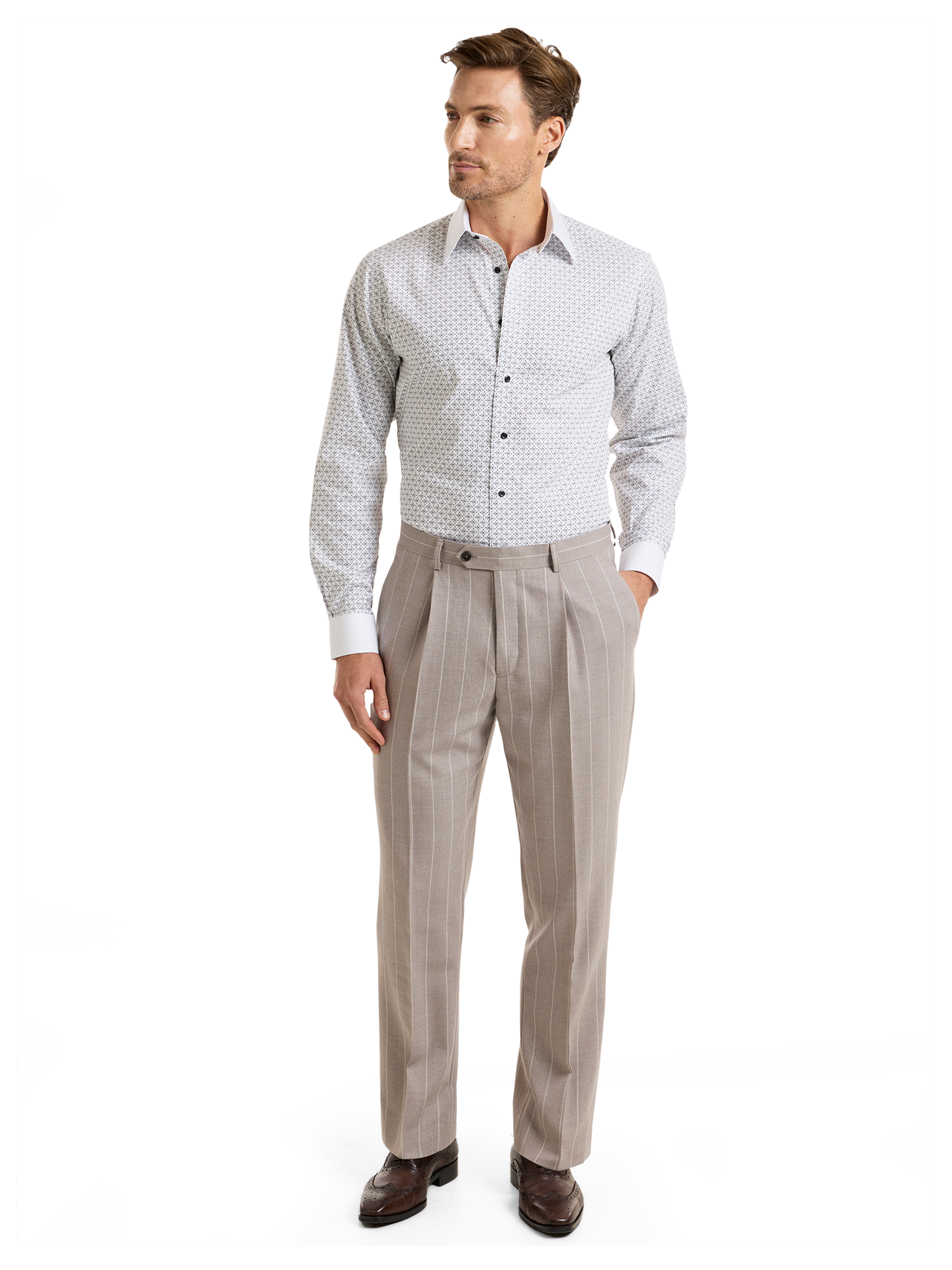 "Kingston Pinstripe" Wool Single Pleat Suit Pants - Taupe