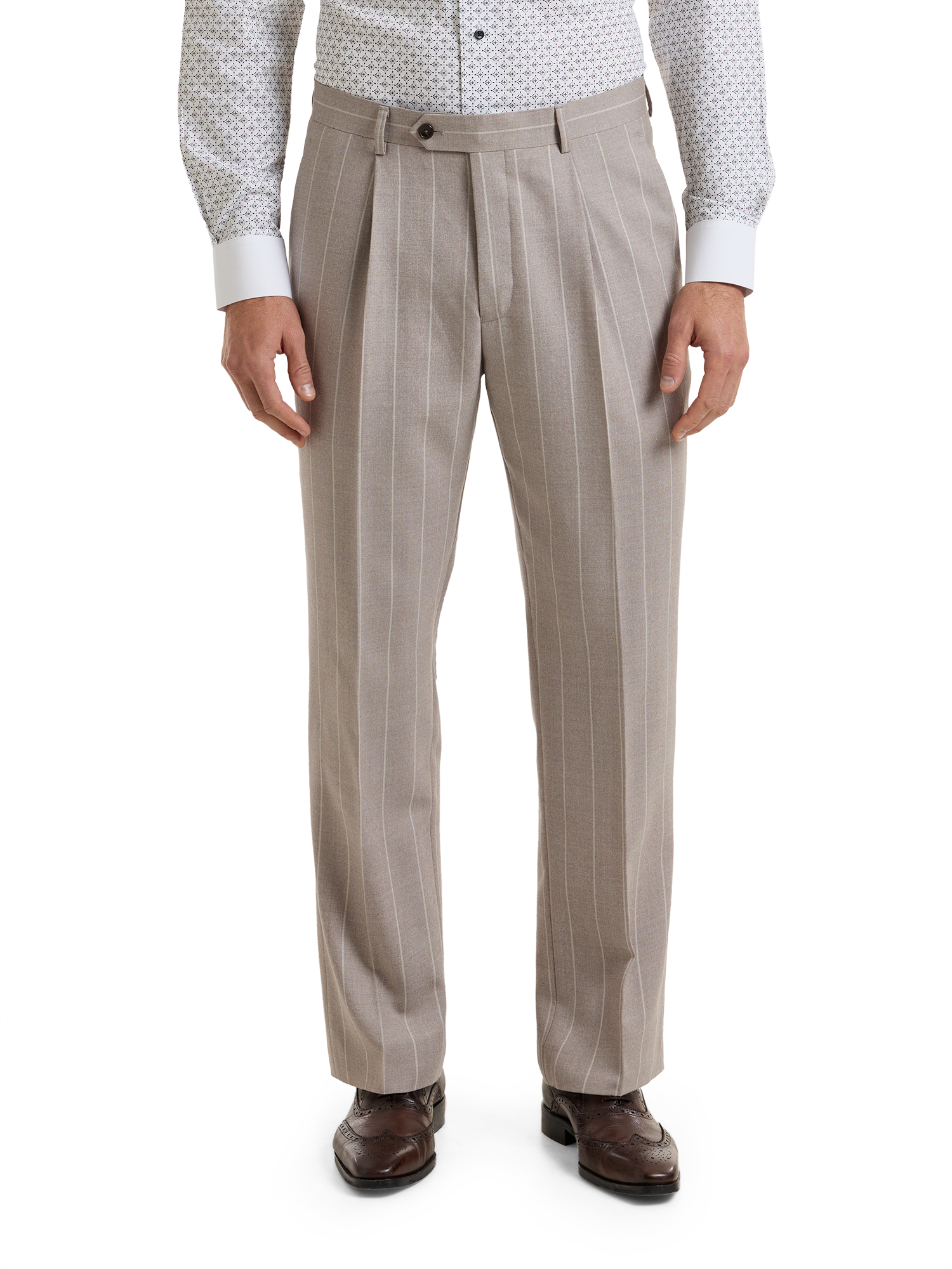 "Kingston Pinstripe" Wool Single Pleat Suit Pants - Taupe