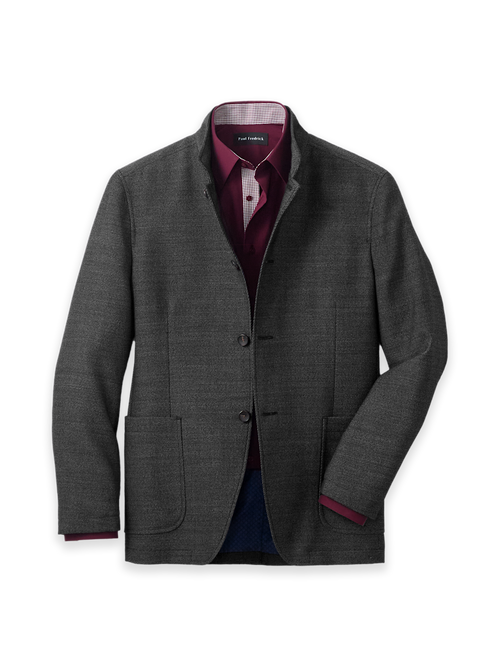 Cavalry Twill Wool Mandarin Collar Single Breasted Suit Jacket - Black/grey