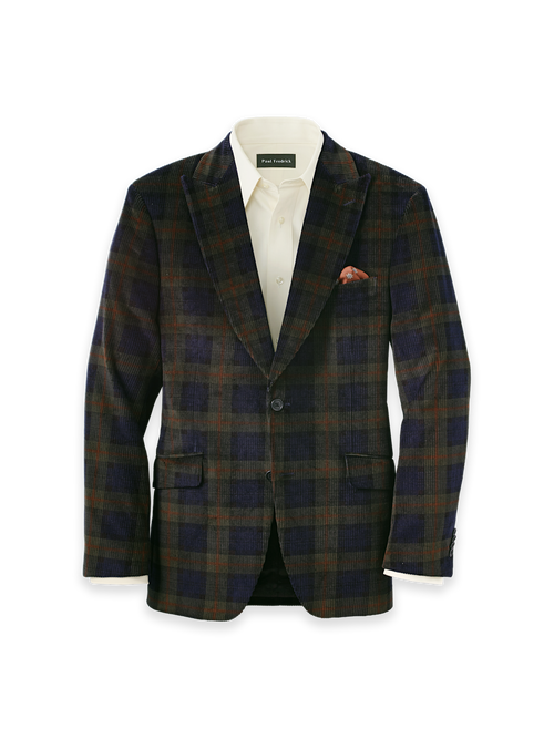 Cotton Corduroy Blackwatch Single Breasted Peak Lapel Suit Jacket - Green/Navy