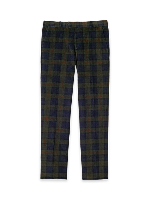 Cotton Corduroy Blackwatch Flat Front Suit Pant - Green/Navy