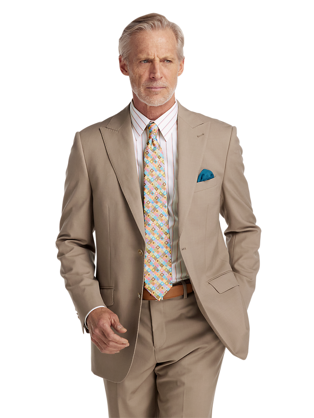 Wool Stretch Bengaline Peak Lapel Suit Jacket Light Tan Paul Fredrick