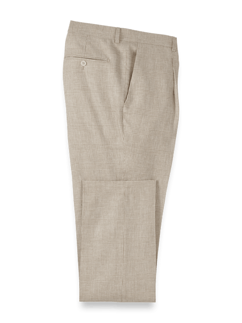 Linen Blend Plaid Single Pleat Suit Pants - Tan