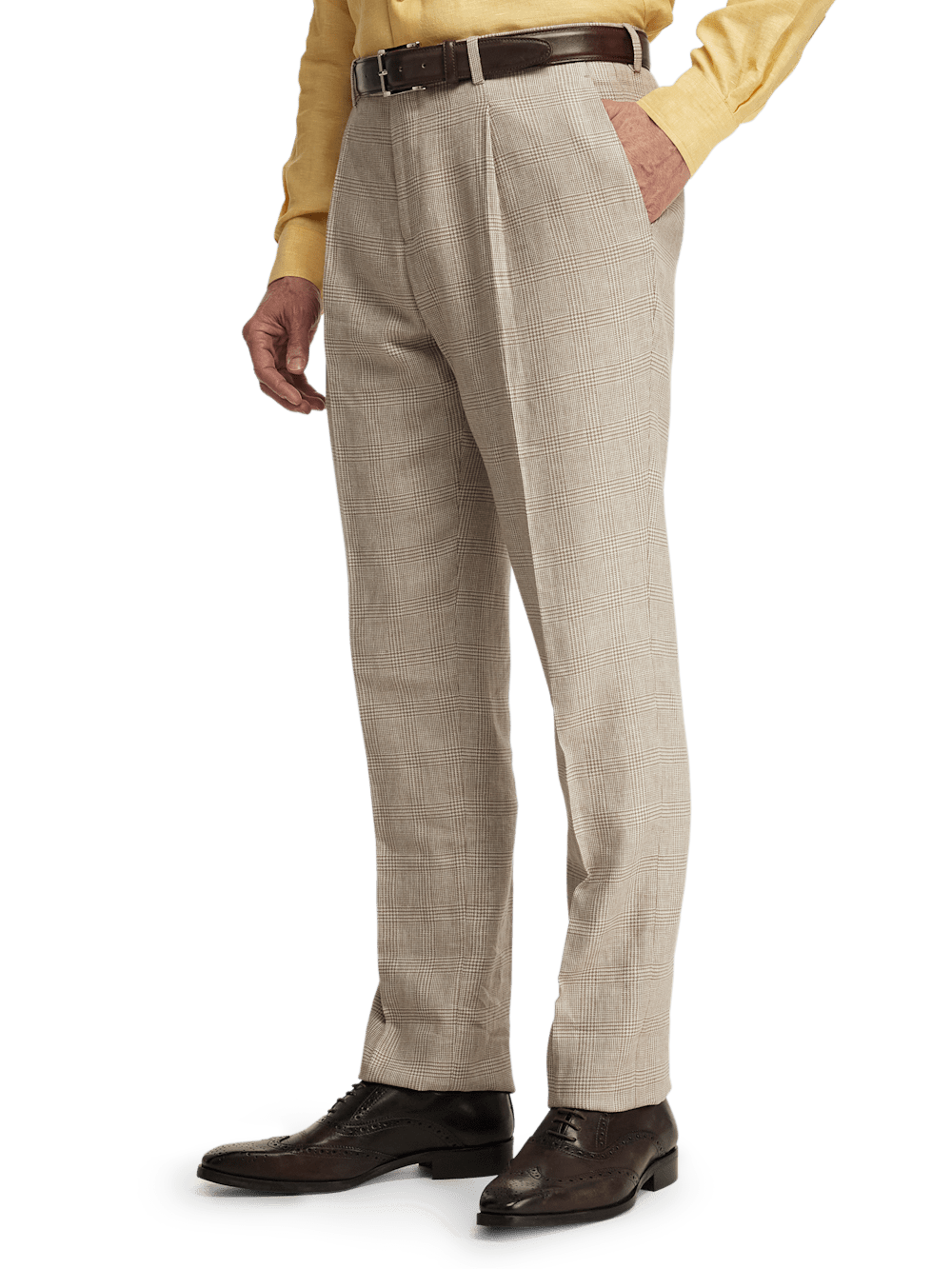 Linen Blend Plaid Single Pleat Suit Pants - Tan – Paul Fredrick Linen Blend Plaid Single Pleat Suit Pants - Tan – Paul Fredrick