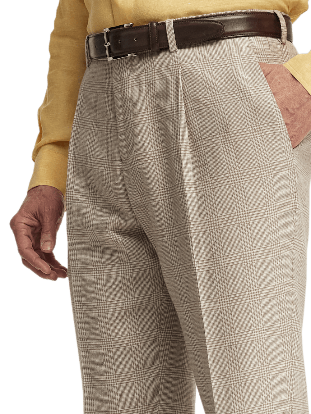 Linen Blend Plaid Single Pleat Suit Pants - Tan 46 Linen Blend Plaid Single Pleat Suit Pants - Tan 46