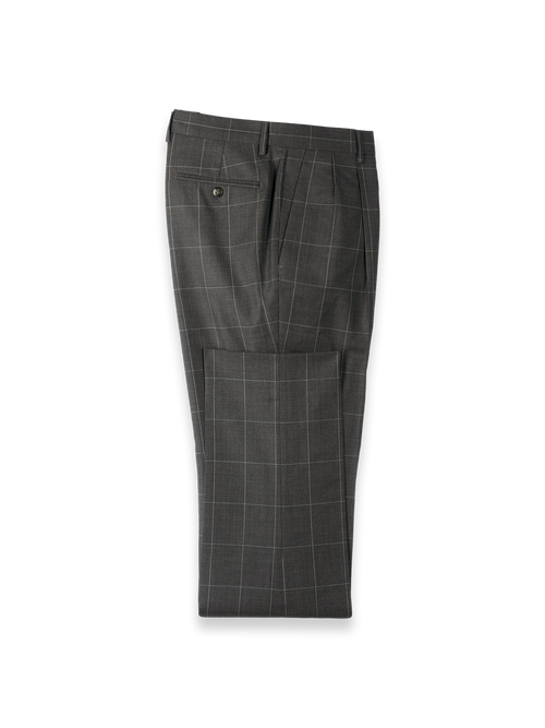 Charcoal Wool Windowpane Double Pleated Suit Pants - Charcoal