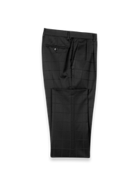 Black Wool Windowpane Double Pleated Suit Pants - Black