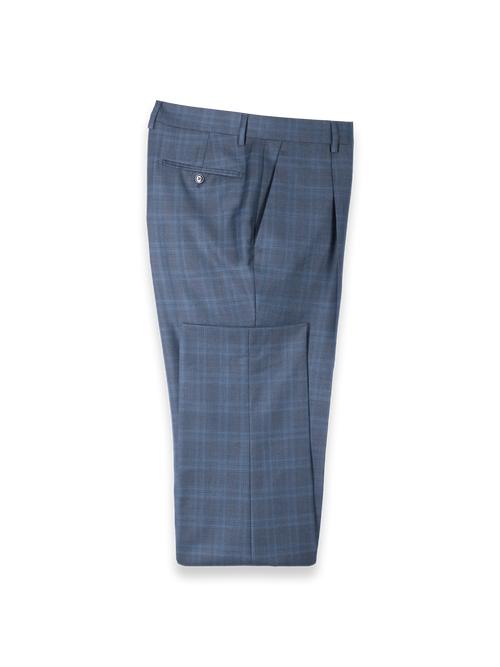 Blue Wool Glen Plaid Single Pleated Suit Pants - Blue