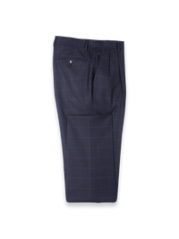 Navy Wool Windowpane Double Pleated Suit Pants - Navy