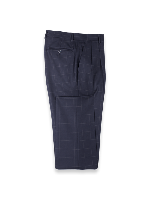 Navy Wool Windowpane Double Pleated Suit Pants - Navy