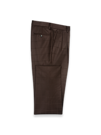 Brown Wool Windowpane Double Pleated Suit Pants - Brown