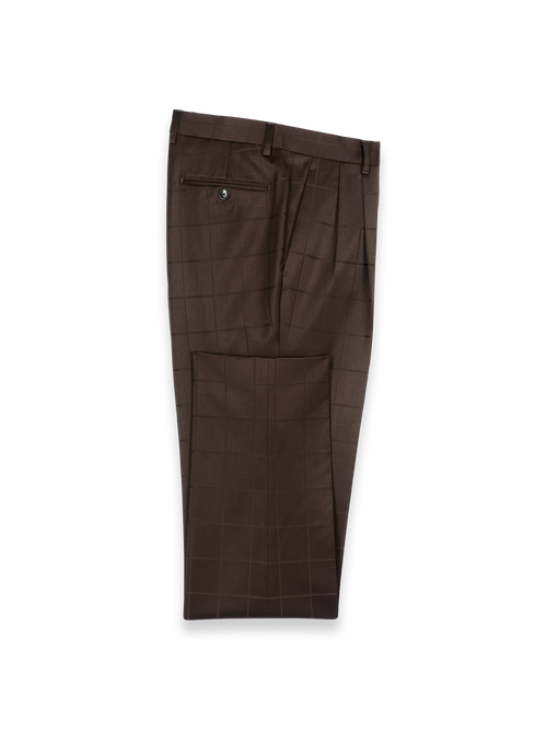 Brown Wool Windowpane Double Pleated Suit Pants - Brown