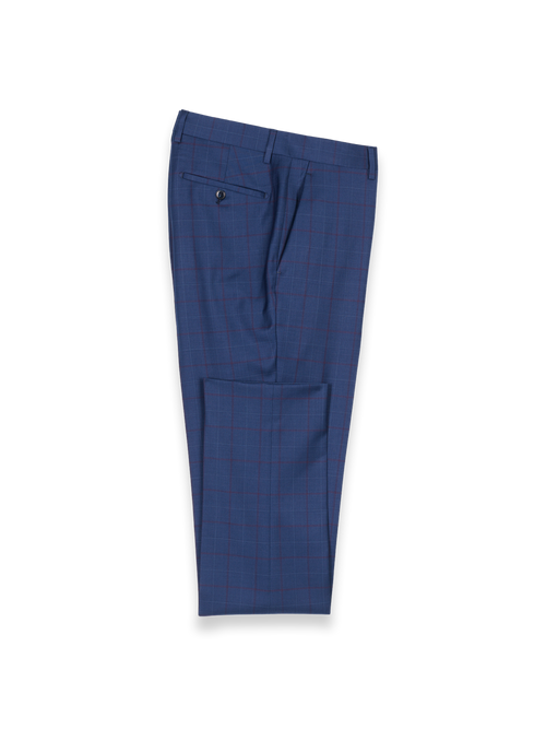 Blue Wool Blend Windowpane Flat Front Suit Pants - Blue