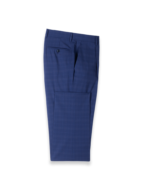 Blue Plaid Wool Blend Single Pleat Suit Pants - Blue