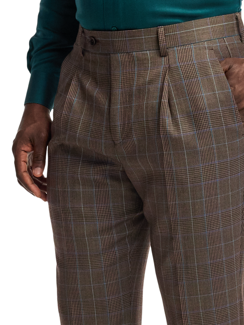 Wool Blend Plaid Single Pleat Suit Pants - Brown/blue 30 Wool Blend Plaid Single Pleat Suit Pants - Brown/blue 30