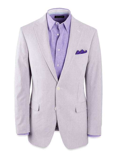 Cotton Stretch Stripe Seersucker Single Breasted Notch Lapel Suit Jacket - Purple/white