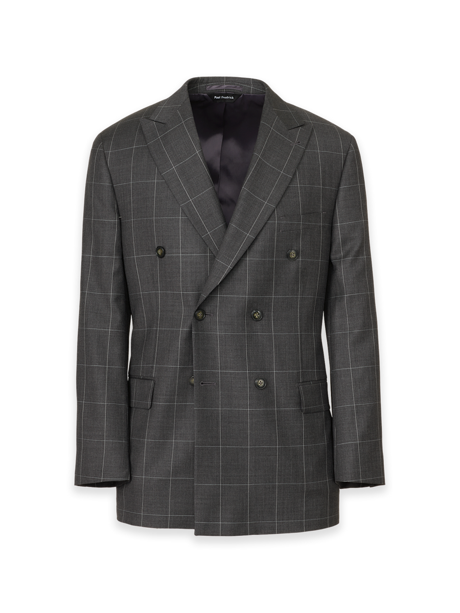 Charcoal Wool Windowpane Double Breasted Peak Lapel Suit Jacket