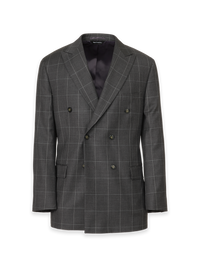 Charcoal Wool Windowpane Double Breasted Peak Lapel Suit Jacket - Charcoal